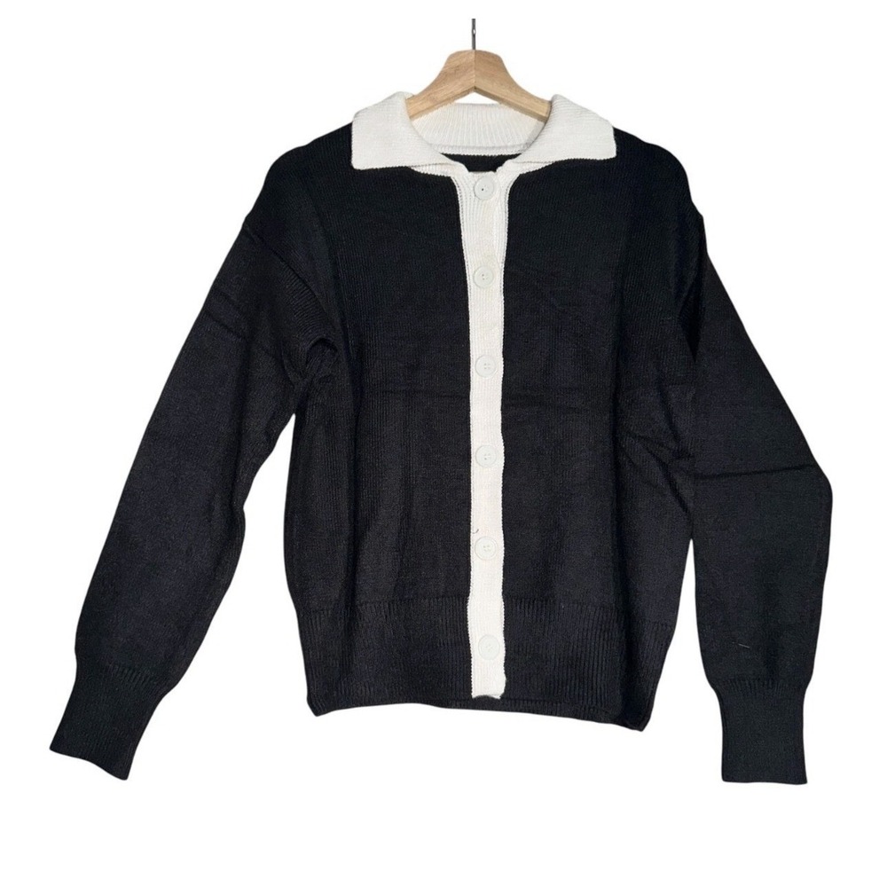 NEW Womens Cardigan Sweater Sz S Black White Preppy Winter Holiday Gift Sweater